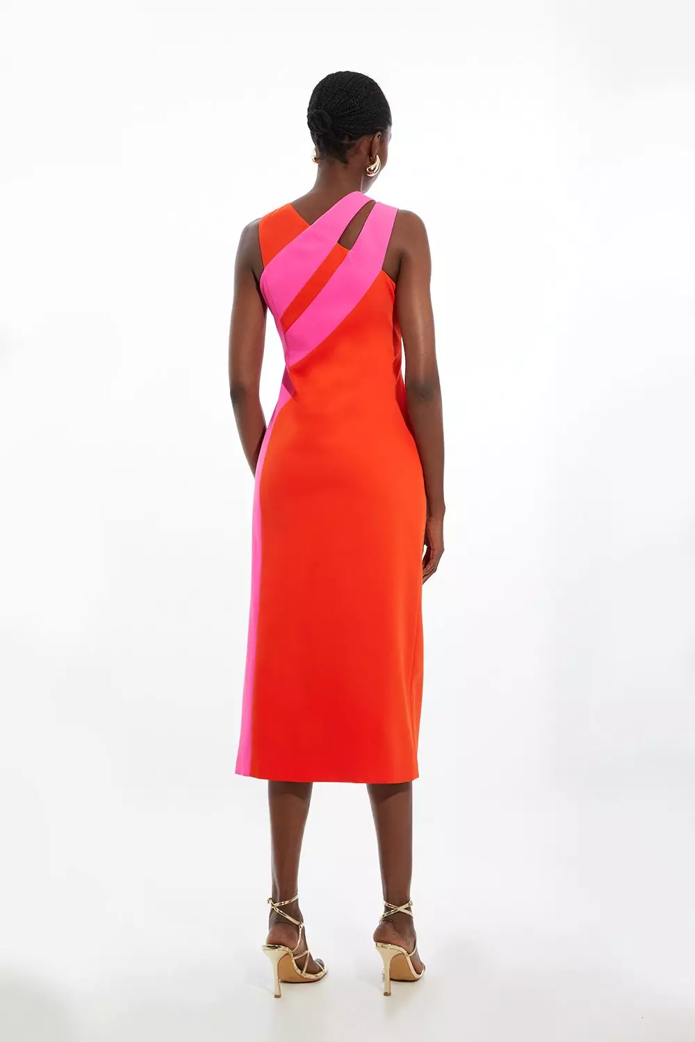 国内未入荷 BLIND / NO PLAN - Ruched Colorblock Embroidered Petite Soft Tailored Color Block Split Strap Midi Dress