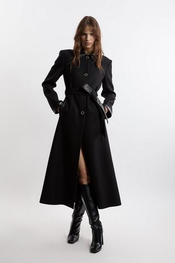 Black Premium Italian Manteco Wool Pu Trim Belted Tailored Maxi Coat