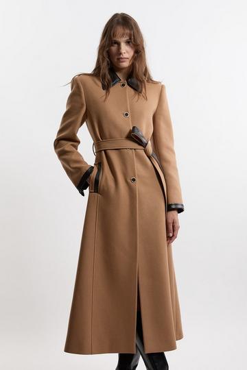 Premium Italian Manteco Wool Pu Trim Belted Tailored Maxi Coat camel