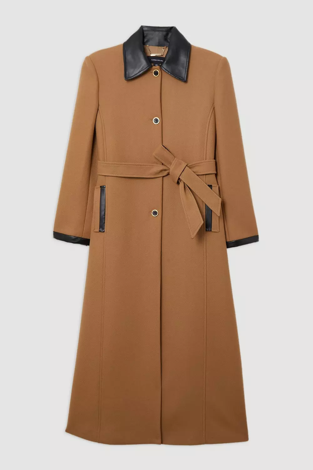 Premium Italian Manteco Wool Pu Trim Belted Tailored Maxi
