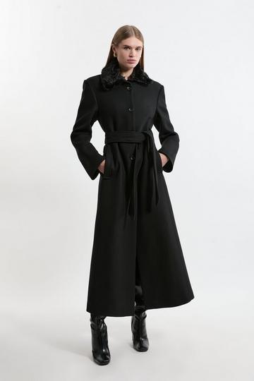 Black Premium Italian Manteco Wool Detachable Faux Fur Collar Belted Tailored Maxi Coat