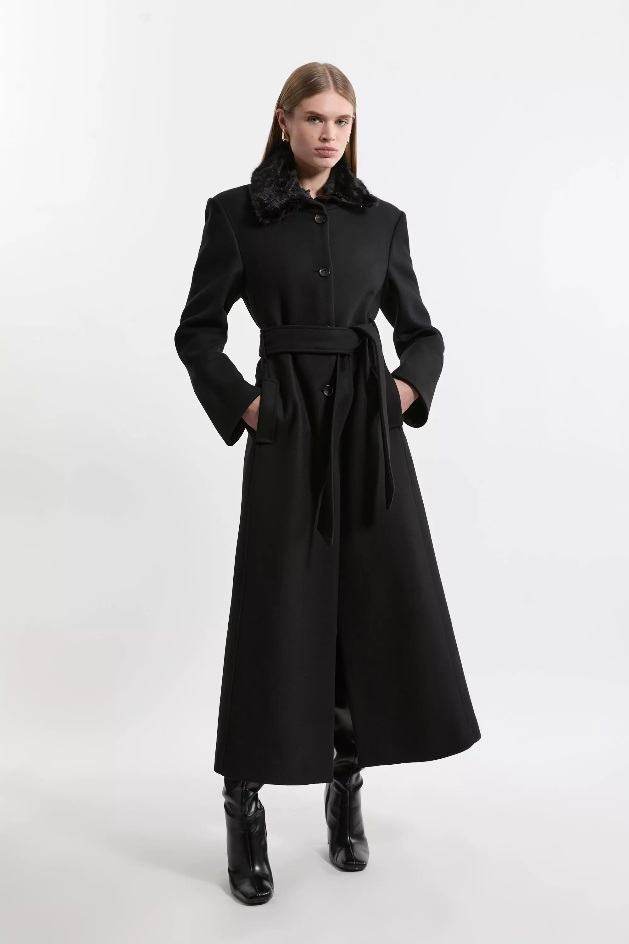 Black faux fur collar belted coat online