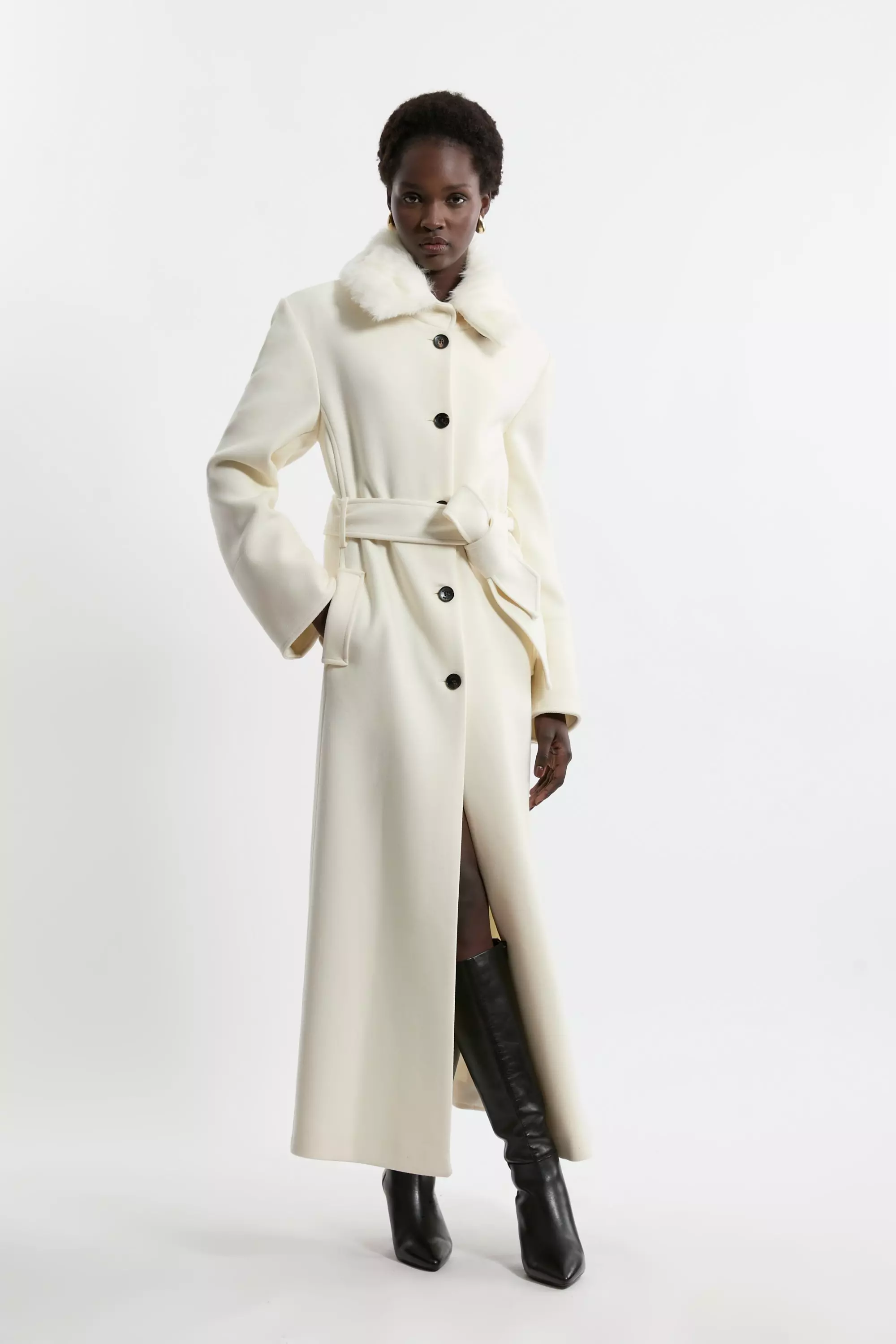 Faux fur collar belted coat hotsell