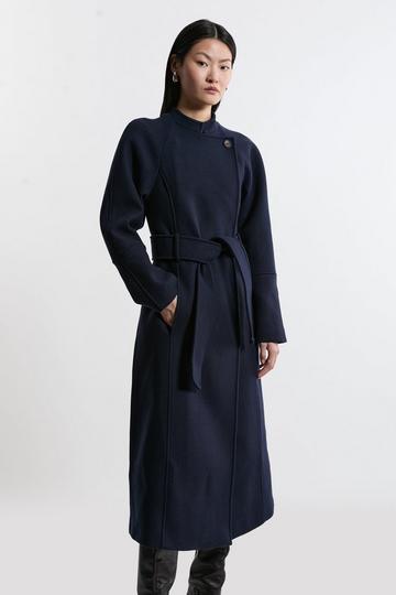 Premium Italian Manteco Wool Collarless Belted Tailored Midaxi Coat navy