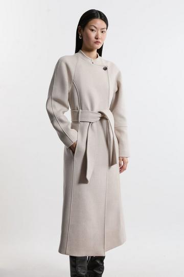 Premium Italian Manteco Wool Collarless Belted Tailored Midaxi Coat oatmeal