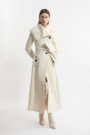 Premium Italian Manteco Wool Oversize Collar Full Skirted Belted Tailored Midaxi Coat ivory