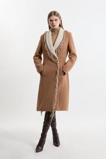 Premium Italian Manteco Wool Blend Fringe Collar Tailored Maxi Coat camel