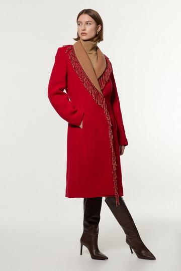 Red Premium Italian Manteco Wool Blend Fringe Collar Tailored Maxi Coat