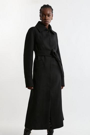 Black Premium Italian Manteco Wool Belted Tailored Duster Trench Maxi Coat