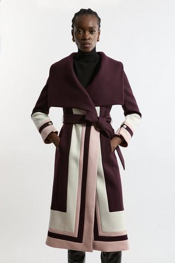 Premium Italian Manteco Wool Color Block Border Detail Tailored Wrap Midi Coat wine