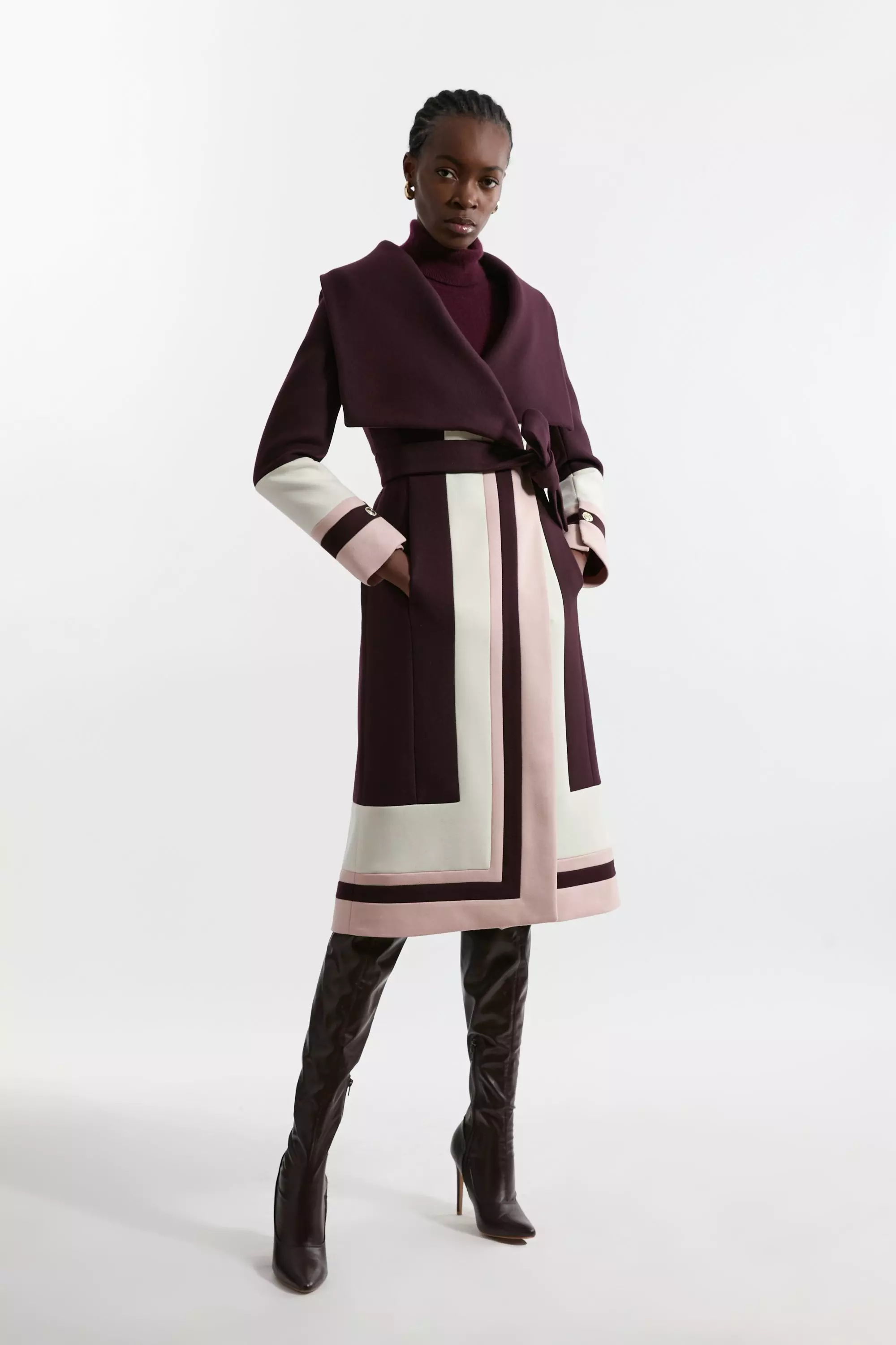 Premium Italian Manteco Wool Colour Block Border Detail Tailored Wrap Midi Coat Karen Millen