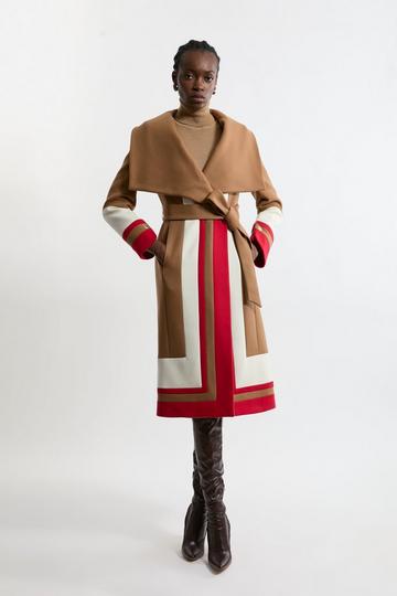 Premium Italian Manteco Wool Colour Block Tailored Belted Midi Coat camel