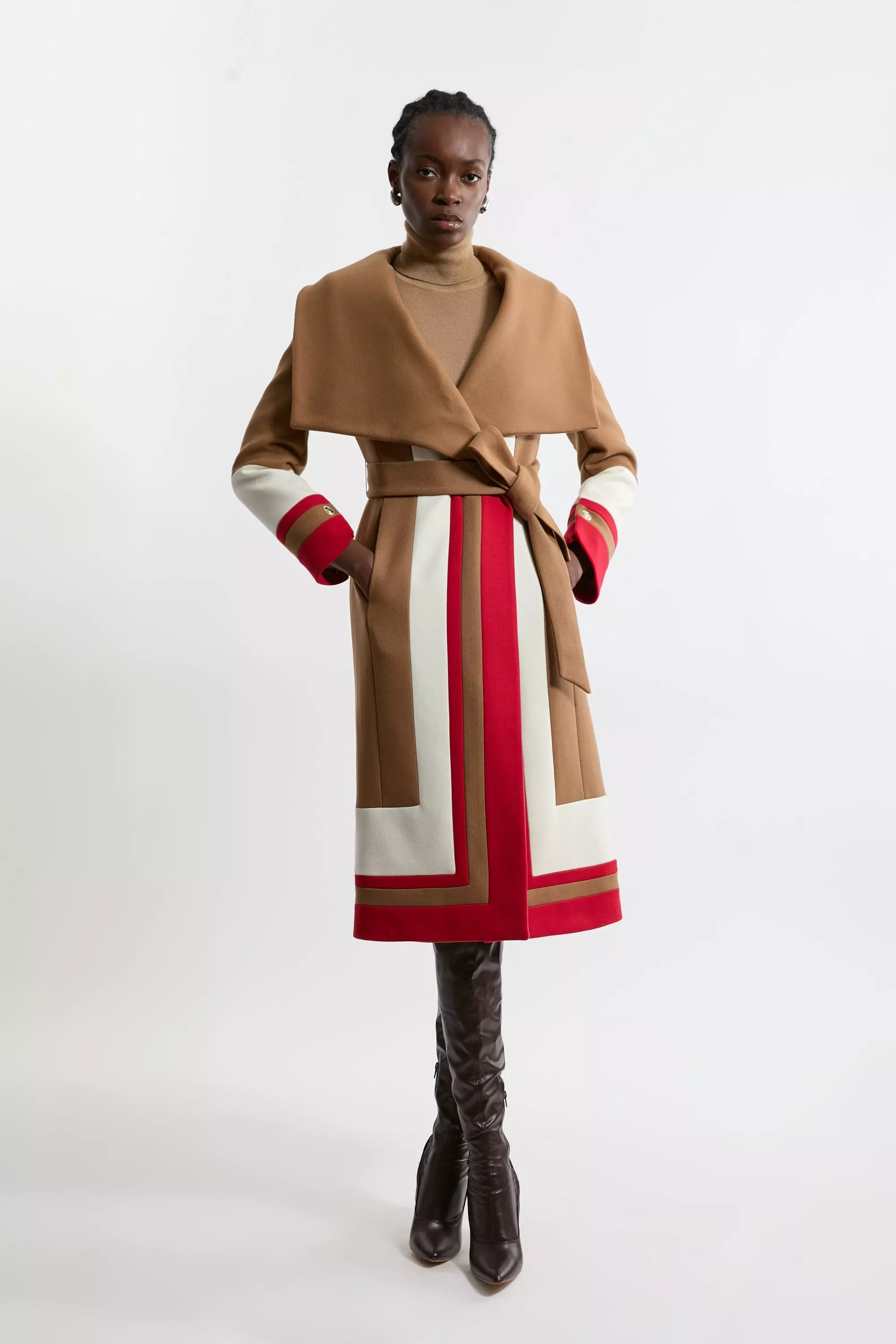 Premium Italian Manteco Wool Color Block Border Detail Tailored Wrap Midi Coat Karen Millen