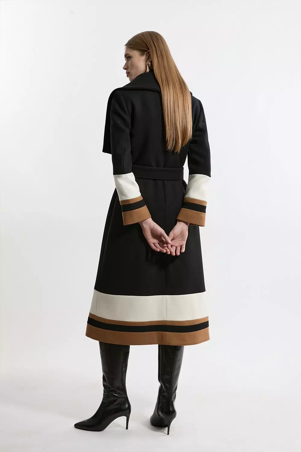 Premium Italian Manteco Wool Colour Block Tailored Belted