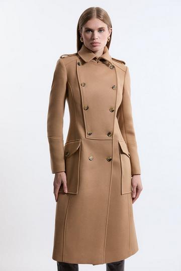 Premium Italian Manteco Wool Military Tailored Midi Coat camel