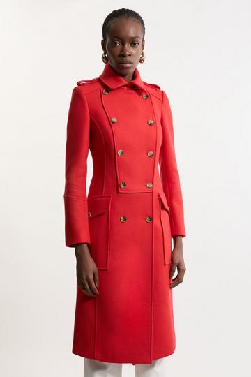 Red Premium Italian Manteco Wool Military Tailored Midi Coat