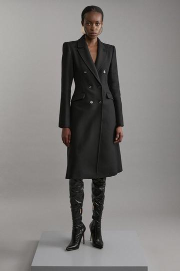 Black Premium Italian Manteco Wool Fitted Tailored Midi Coat