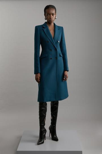 Premium Italian Manteco Wool Fitted Tailored Midi Coat teal