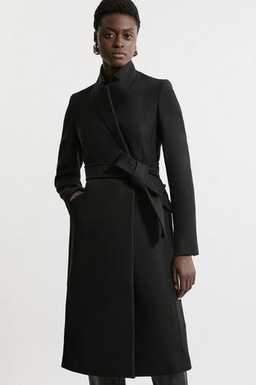 Black Premium Italian Manteco Wool Investment Notch Neck Tailored Midi Coat