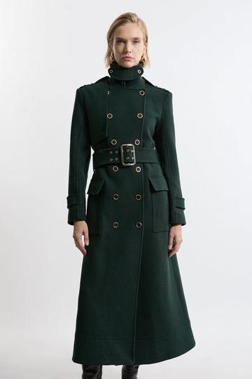 Premium Italian Manteco Wool Blend Belted Funnel Neck Tailored Midaxi Coat forest