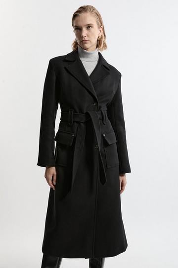 Black Premium Italian Manteco Wool Belted Tailored Midaxi Coat