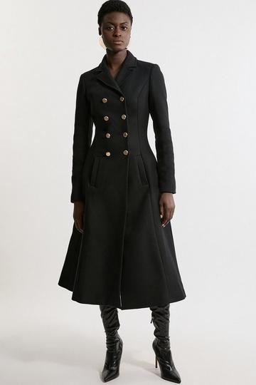 Black Premium Italian Manteco Wool Military Full Skirted Tailored Midaxi Coat