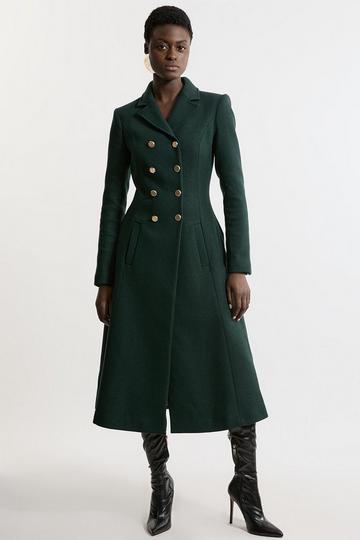 Premium Italian Manteco Wool Military Full Skirted Tailored Midaxi Coat forest