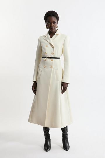 Premium Italian Manteco Wool Military Full Skirted Tailored Midaxi Coat ivory