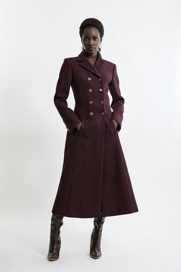 Premium Italian Manteco Wool Military Full Skirted Tailored Midaxi Coat wine