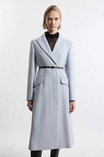 Blue Premium Italian Manteco Wool Single Breasted Belted Tailored Maxi Coat