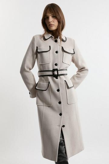 Premium Italian Manteco Wool Pocket Detail Belted Pu Tipped Tailored Midaxi Coat oatmeal