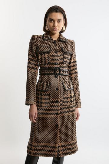 Houndstooth Check Pocket Detail Belted Pu Tipped Tailored Midi Coat multi