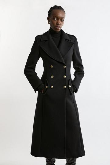 Black Premium Italian Manteco Wool Military Double Breasted Tailored Midaxi Coat