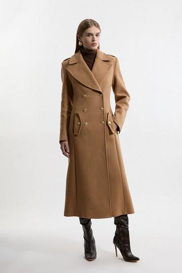 Premium Italian Manteco Wool Military Double Breasted Tailored Midaxi Coat camel