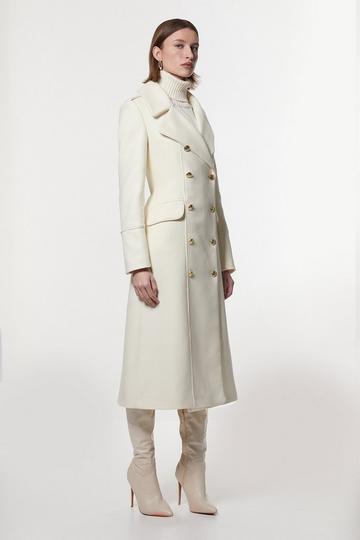 Premium Italian Manteco Wool Military Double Breasted Tailored Midi Coat ivory