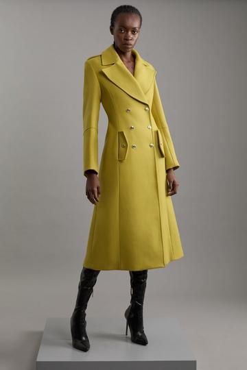 Premium Italian Manteco Wool Military Double Breasted Tailored Midaxi Coat mustard