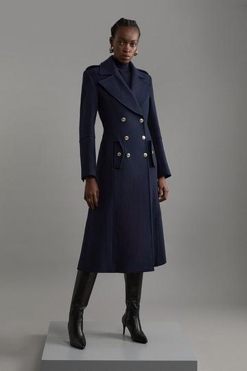 Navy Premium Italian Manteco Wool Military Double Breasted Tailored Midaxi Coat