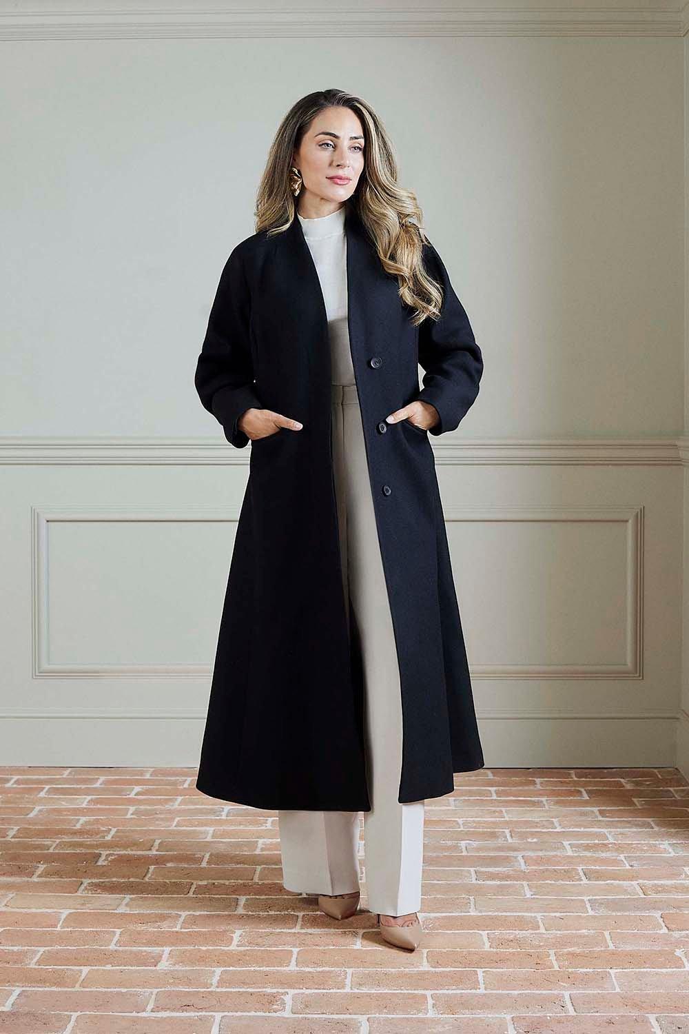 Black Lydia Millen Premium Italian Manteco Wool Rounded Sleeve Skirted Tailored Midaxi Coat