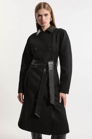 Black Premium Italian Manteco Wool Rounded Sleeve Belted Tailored Midi Coat