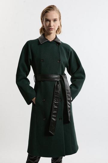 Premium Italian Manteco Wool Rounded Sleeve Belted Tailored Midi Coat forest