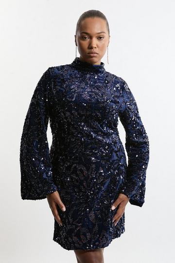 Plus Size Velvet Sequin Flare Woven Mini Dress navy