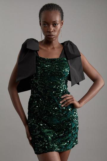 Tall Velvet Sequin Woven Mini Dress With Taffeta Tie Detail green