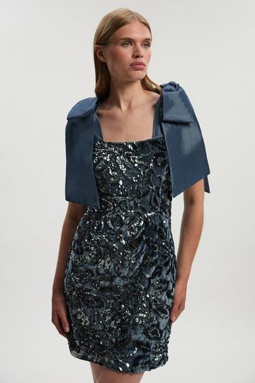 Tall Velvet Sequin Woven Mini Dress With Taffeta Bow Tie Detail silver
