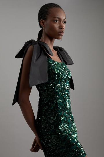 Green Velvet Sequin Woven Mini Dress With Taffeta Tie Detail