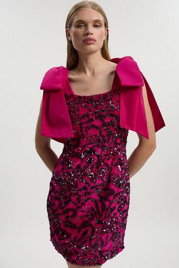 Purple Velvet Sequin Woven Mini Dress With Taffeta Bow Tie Detail