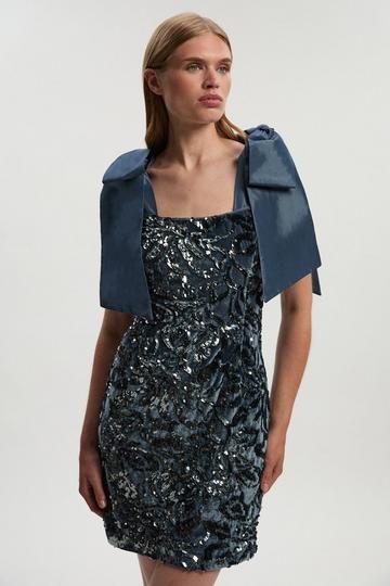 Silver Velvet Sequin Woven Mini Dress With Taffeta Bow Tie Detail