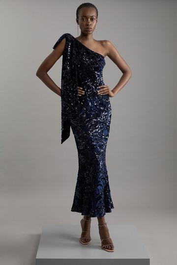 Petite Velvet Sequin One Shoulder Woven Maxi Dress navy