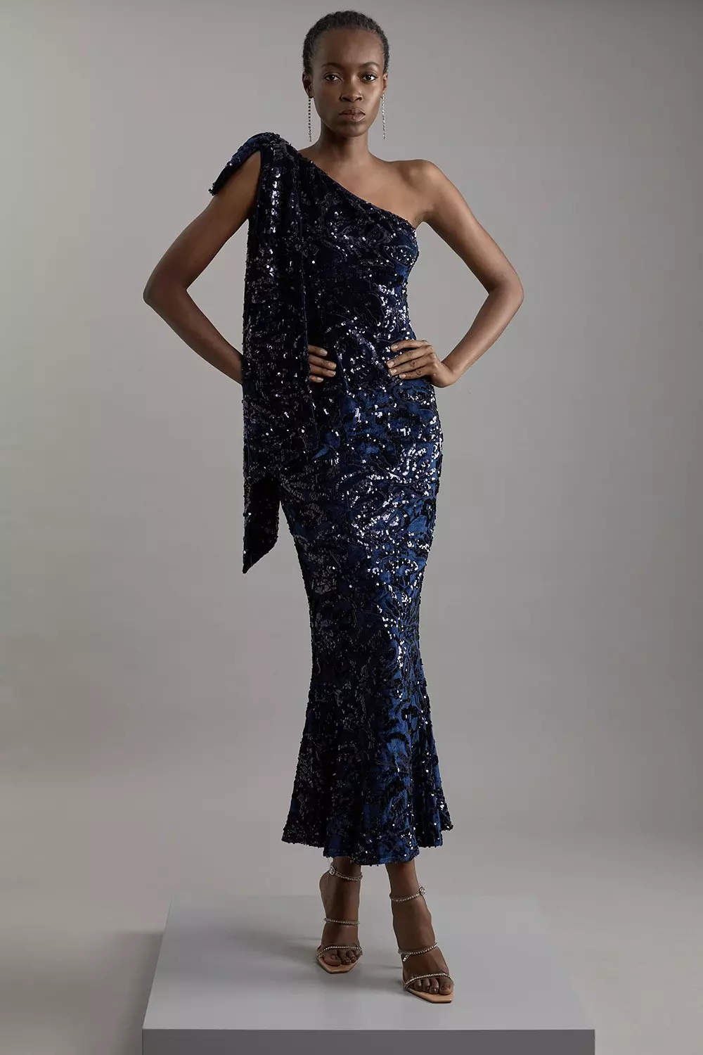 Petite Velvet Sequin One Shoulder Woven Maxi Dress Karen Millen