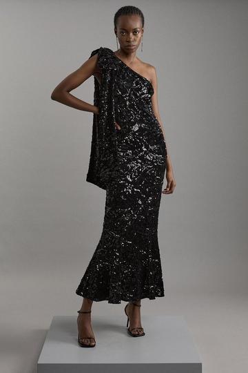 Velvet Sequin One Shoulder Woven Maxi Dress black