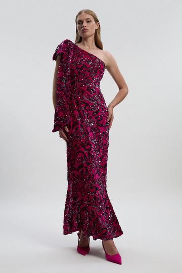 Velvet Sequin One Shoulder Woven Maxi Dress purple